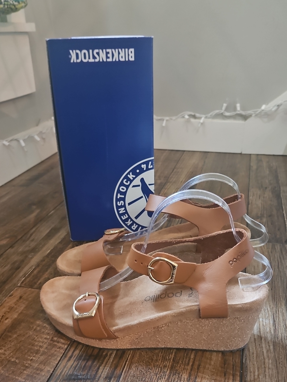 Birkenstock Papillio Brown Leather Cork Wedge Sandals with Gold Buckles - Picture 2 of 9